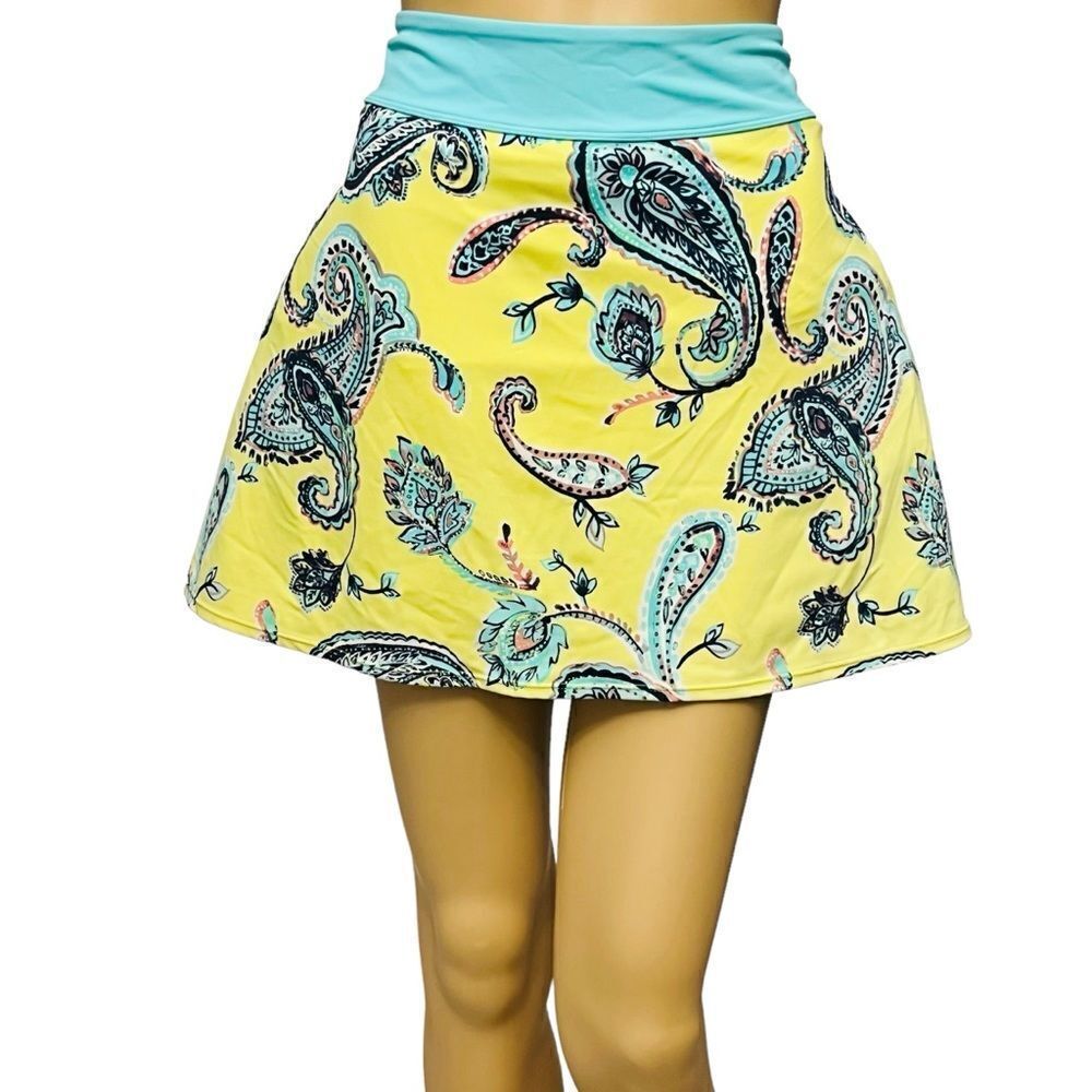 QVC Skirt Skort Swim Yellow Blue Paisley Built-In Brief Pull On Size 16 NWOT